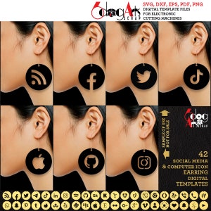 May include: A set of six digital templates for earrings featuring popular social media and computer icons. The icons include RSS, Facebook, Twitter, TikTok, Apple, and Instagram. The templates are available in SVG, DXF, EPS, PDF, and PNG formats.  The text "SAMPLE OF USE NOT FOR SALE" is visible in the image. The text "42 SOCIAL MEDIA & COMPUTER ICON EARRING DIGITAL TEMPLATES" is also visible in the image.