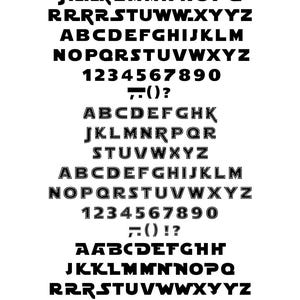 May include: Black and white digital template files for electronic scrap cutting machines. The image displays various fonts, including uppercase letters, numbers, and symbols. The text includes the words "SVG, DXF, EPS, PDF, PNG" and "Digital Template Files for Electronic Scrap Cutting Machines."