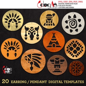 20 modelos de brinco SVG DXF, madeira nativa americana, couro, metal, joias, download de arquivos digitais vetoriais, corte a laser, Cricut, plasma, JB1563
