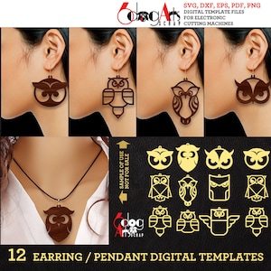 9x2 Owl Wood / Acrylic / Metal Earring / Pendant Templates Vector Digital SVG DXF Jewelry Files Download Laser Cutting JB-1674