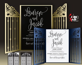 May include: A wedding invitation with a laser cut design featuring a gate with ornate details. The invitation is for Lauren and Jacob and includes the date and time of the wedding. The invitation is in a blue and gold color scheme.