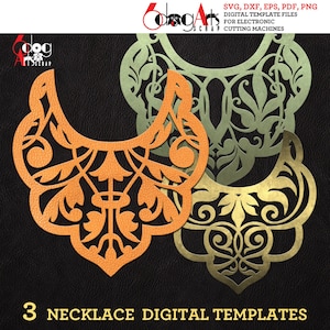 May include: Three digital templates for creating necklaces. The templates feature intricate floral designs in orange, green, and gold.