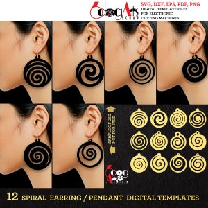 May include: Black spiral earrings and pendant digital templates. The image shows several examples of the earrings being worn, along with a set of 12 gold-colored spiral pendant designs. The text on the image reads "12 Spiral Earring / Pendant Digital Templates."