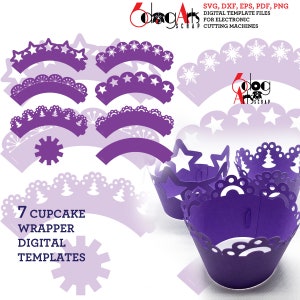 7 plantillas de envoltorios para cupcakes SVG DXF Archivos digitales vectoriales Suministros para fiestas láser Silhouette Cricut Corte de papel JB-1399