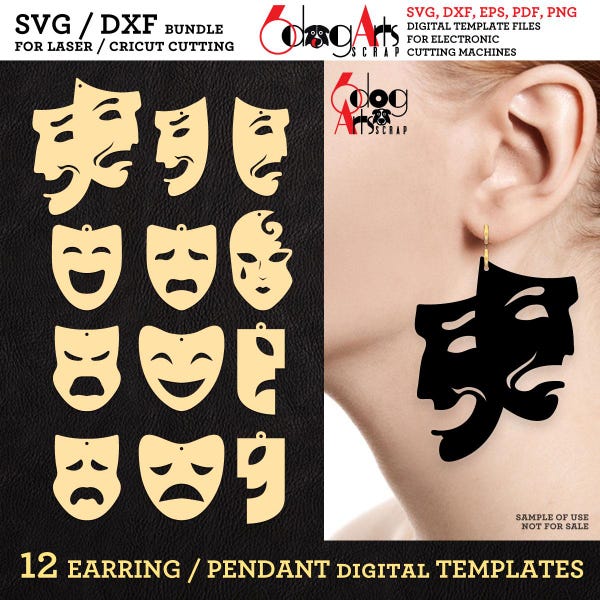 12 modèles de pendentif de boucle d'oreille acrylique en bois masque de théâtre Vector fichiers de bijoux numériques DXF SVG à télécharger découpe laser Plasma Cricut JB-1198