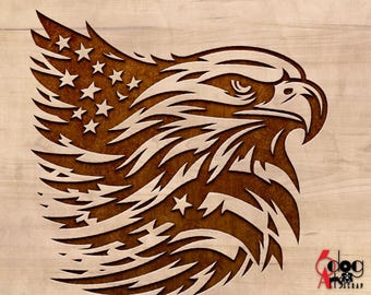 May include: A wooden cutout of an eagle's head with the American flag design incorporated into the feathers. The eagle's head is facing right and the design is in shades of brown.