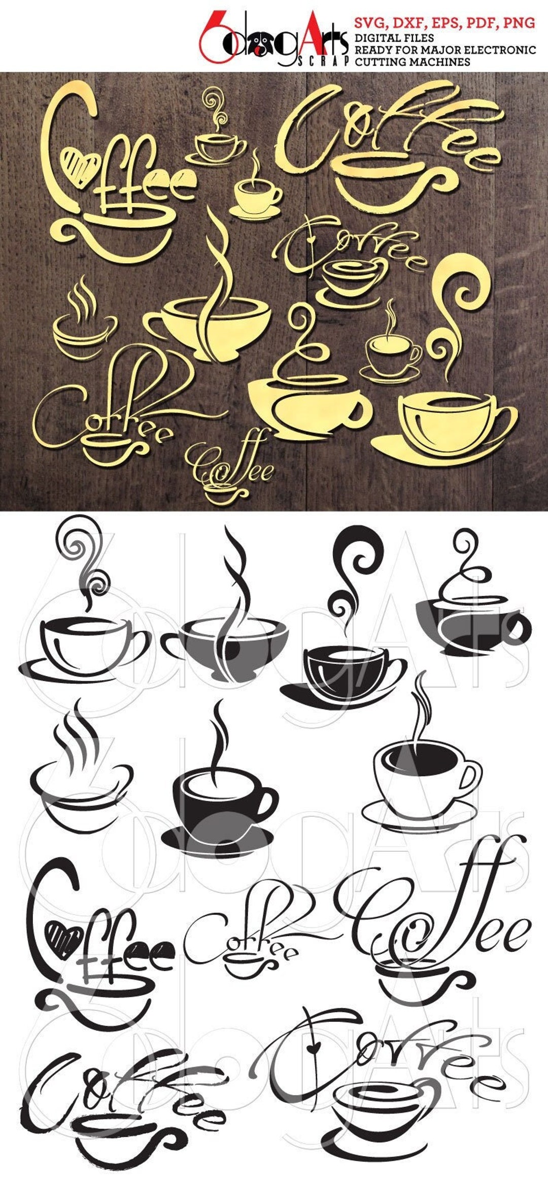 Coffee Clip Art Digital Files Svg Dxf Eps Png Silhouette SCAL Cricut ...