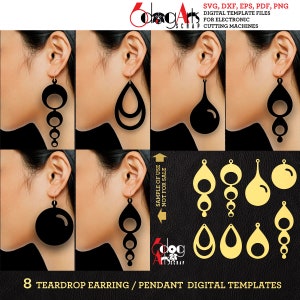 Puede incluir: Ocho plantillas digitales para pendientes o colgantes en forma de lágrima. Las plantillas se muestran en negro y dorado sobre un fondo negro. Las plantillas están diseñadas para su uso con máquinas de corte electrónicas.
