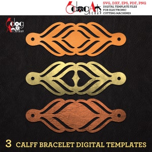 May include: Three digital templates for a calf bracelet. The templates are in orange, gold, and copper colors. The designs feature a heart shape with intricate details.