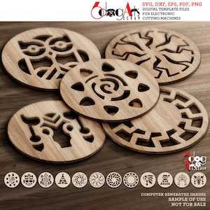 12 sottobicchieri in legno nativi americani, modelli di decorazioni da parete, file vettoriali SVG DXF digitali, download, taglio laser, Cricut JB-1765
