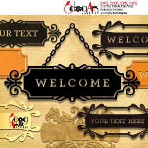 8 Molduras de Texto Placa de Boas-Vindas Nome Modelos Digitais SVG DXF Arquivos Vetoriais Vinil Transferência Madeira Metal Laser Plasma Download JB-1204