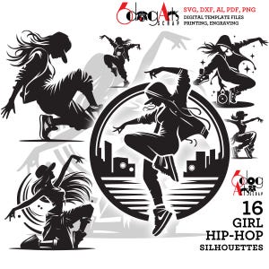 16 Mädchen Hip-Hop-Tänzer Silhouetten Vektor Digitale Dateien SVG PNG Tumbler T-shirt Sublimation Laser Cut Gravur Printable Download JB-2096