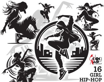 May include: A set of 16 black and white silhouette designs of girls dancing hip hop. The designs are in various poses and include a microphone, a boombox, and a cityscape.