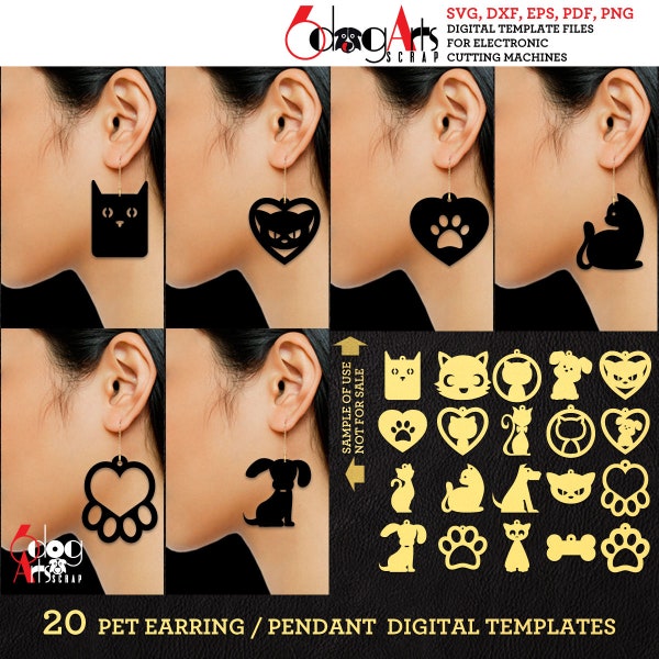 20 Pet Cat, Dog Acrylic / Wood / Leather Earring Templates Vector Digital SVG DXF Jewelry Files Download Laser Cricut Cutting JB1097