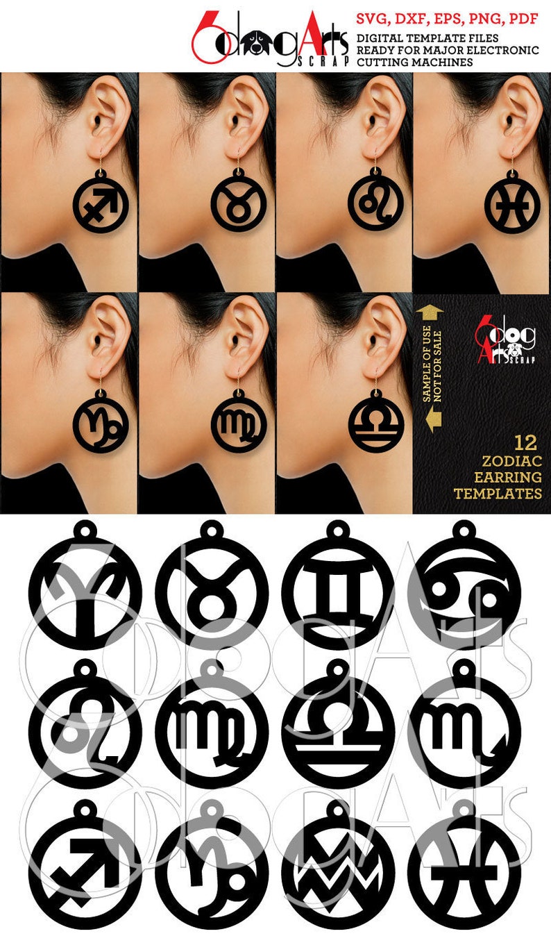May include: Twelve black and white zodiac sign earring templates. The signs are: Aries, Taurus, Gemini, Cancer, Leo, Virgo, Libra, Scorpio, Sagittarius, Capricorn, Aquarius, and Pisces.