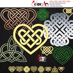 May include: A set of ten Celtic knot designs in various colors, including gold, silver, green, and brown. The designs are in the shape of hearts, shamrocks, and other traditional Celtic patterns. SVG, DXF, EPS, PDF, PNG digital template files for electronic cutting machines.