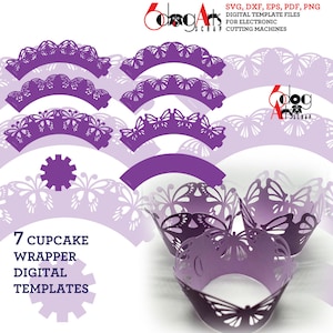 7 plantillas de envolturas de cupcakes con forma de mariposa, archivos digitales vectoriales SVG, DXF, suministros para fiestas láser, silueta, Cricut, papel, manualidades, corte JB-1396