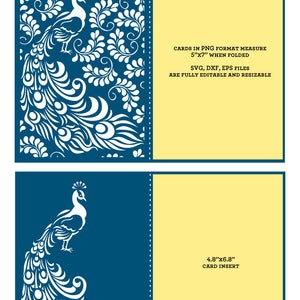 May include: A digital cutting file design featuring a peacock. The design includes a peacock illustration with intricate feather details, and the text "SVG, DXF, EPS, PNG CUTTING FILES". The card insert measures 4.8"x6.8".