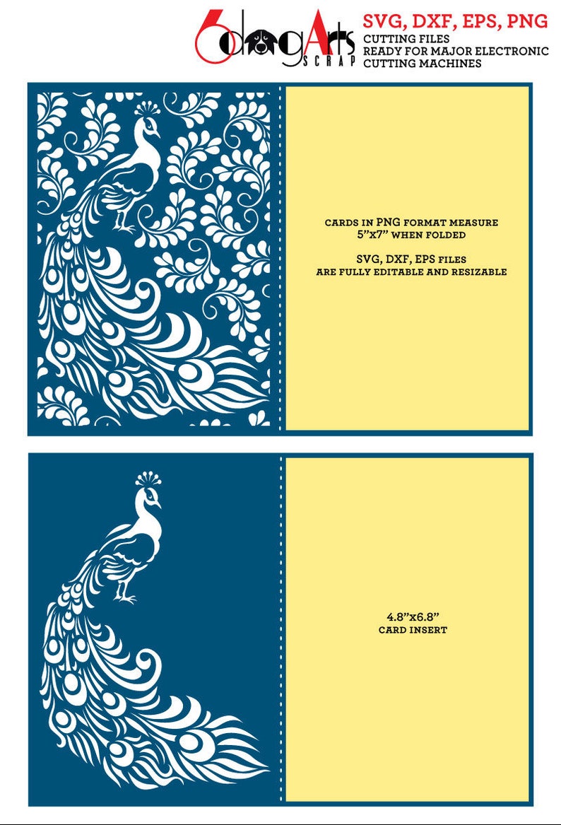 May include: A digital cutting file design featuring a peacock. The design includes a peacock illustration with intricate feather details, and the text "SVG, DXF, EPS, PNG CUTTING FILES". The card insert measures 4.8"x6.8".