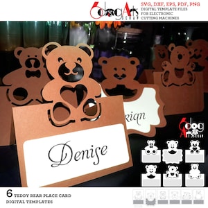 6 plantillas de tarjetas de lugar para mesas con forma de carpa de osito de peluche Archivos vectoriales digitales SVG DXF Silhouette Cricut Descarga GlowForge Laser Cutting JB-1247