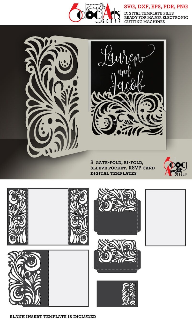 May include: A digital template for a wedding invitation with a black and white floral design. The template includes three different styles: gate-fold, bi-fold, and sleeve pocket. The template also includes a blank insert template.