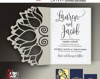 3 Lotus Lace Card Templates Digital Cut SVG DXF Files Wedding Invitation Stationery Laser Cuttable Download Silhouette Cricut JB-834