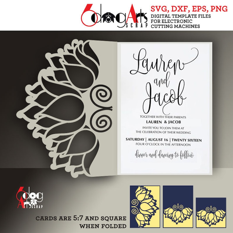 May include: A wedding invitation template with a floral design. The invitation is for Lauren and Jacob and is set for August 16th. The card is 5:7 and square when folded.
