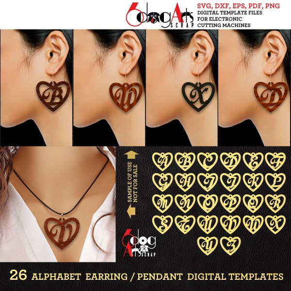 26 Wood / Acrylic / Leather Heart Alphabet Earring / Pendant Templates Digital SVG DXF Jewelry Files Download Laser Cutting JB-1078