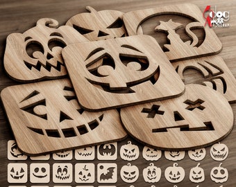 30 Halloween Pumpkin Wood Metal Coaster Wall Decor Templates Vector Digital SVG DXF Files Download cnc Laser Cutting Plasma Cricut JB-1751