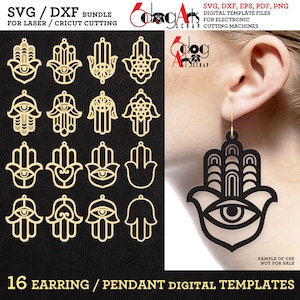 Boucles d'oreilles main Hamsa modèles SVG/DXF à télécharger pour fichiers numériques Cricut Glowforge laser JB-1827