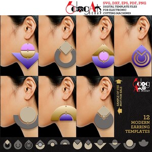 May include: Twelve digital templates for modern earrings. The earrings are made of geometric shapes in purple, gold, and gray. The templates are for use with electronic cutting machines.