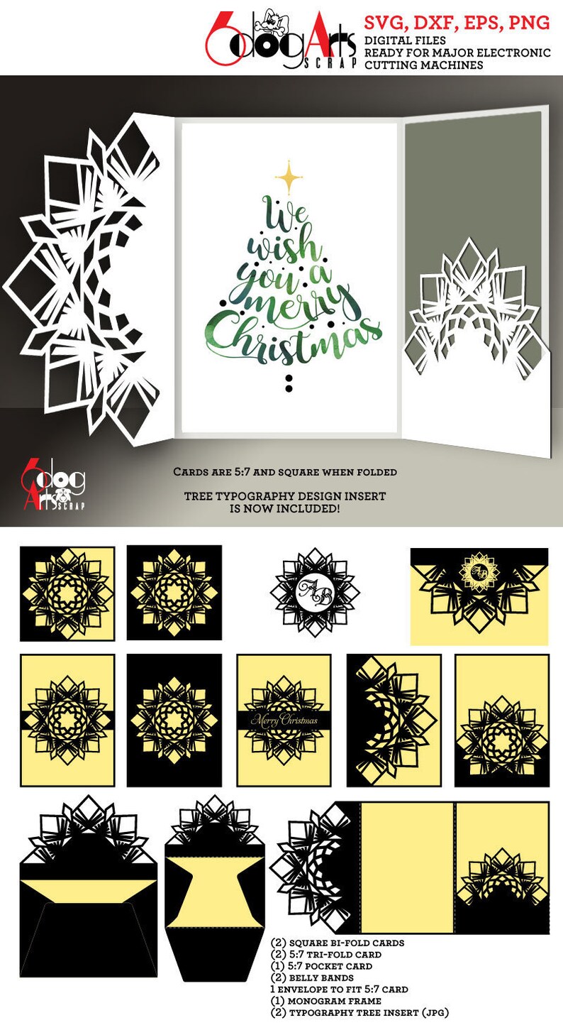 May include: Digital Christmas card designs in SVG, DXF, EPS, and PNG formats. Includes bi-fold cards, tri-fold cards, pocket cards, belly bands, and an envelope. The cards feature snowflake and tree designs with the text "We wish you a Merry Christmas."