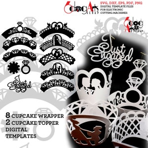 8 bruiloft cupcake wrapper & 2 cupcake topper sjablonen SVG DXF vector digitale bestanden laser feestartikelen laser Cricut papier snijden JB-1937