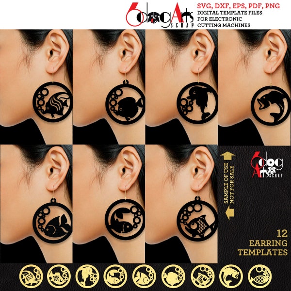 9 Fish-n-Bubble Acrylic / Wood Earring Pendant Templates Vector Digital SVG DXF Jewelry Files Download Laser Cricut Cutting JB-1748