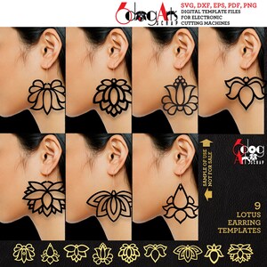 9 modèles de boucle d'oreille fleur de lotus SVG DXF bijoux en bois/acrylique/métal à télécharger des fichiers numériques vectoriels découpe laser Cricut plasma JB-1918