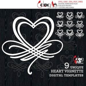Puede incluir: Nueve plantillas digitales únicas de viñetas en forma de corazón para máquinas de corte electrónicas. Las plantillas están en formatos SVG, DXF, EPS, PDF y PNG.