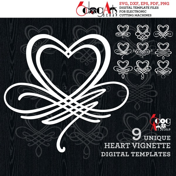 9 Heart Vignette Templates Vector Digital Files SVG DXF Pdf Eps Png Silhouette Cricut Printable Download Laser Plasma Cutting JB-1886