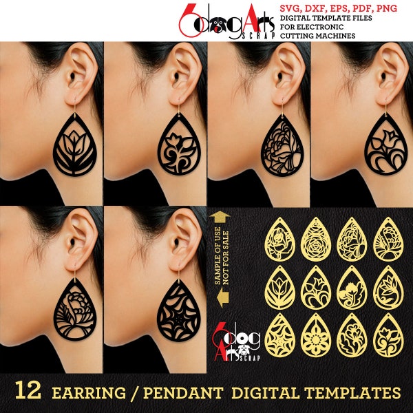 12 Wood / Acrylic / Metal Earring Templates Vector Digital SVG DXF Jewelry Files Download Laser cnc Cutting JB-1051