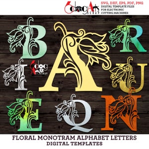 A-Z Flor Monograma Alfabeto Letras SVG DXF Imágenes Digitales Vinilo Metal Papel Corte Silueta Cricut cnc Láser Descargar JB-1901