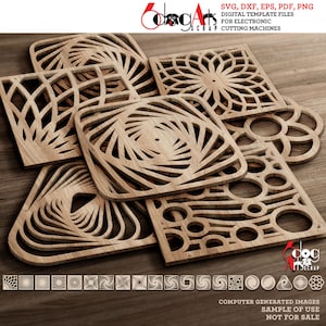 May include: Set of five laser cut wood designs with geometric patterns. The designs are in various shapes, including squares, circles, and triangles. The designs are stacked on top of each other, with the top design being a square with a spiral pattern. The designs are made of light brown wood.