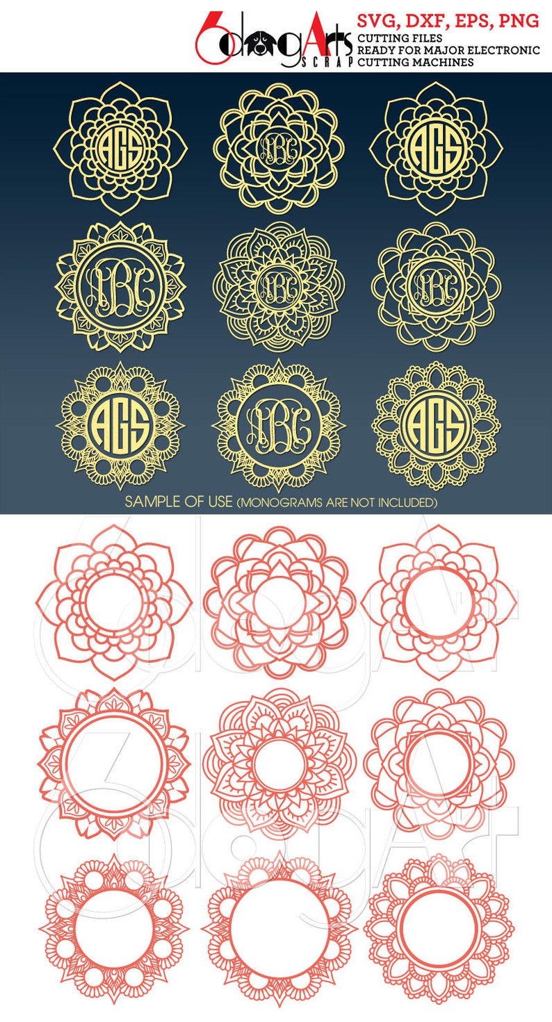 May include: Nine digital cut files for crafting. The files are in SVG, DXF, EPS, and PNG formats. The files feature a mandala design with a circle in the center. The mandala is in a gold color. The circle in the center is blank. The files are ready for use with major electronic cutting machines. The text "SAMPLE OF USE (MONOGRAMS ARE NOT INCLUDED)" is at the bottom of the image.