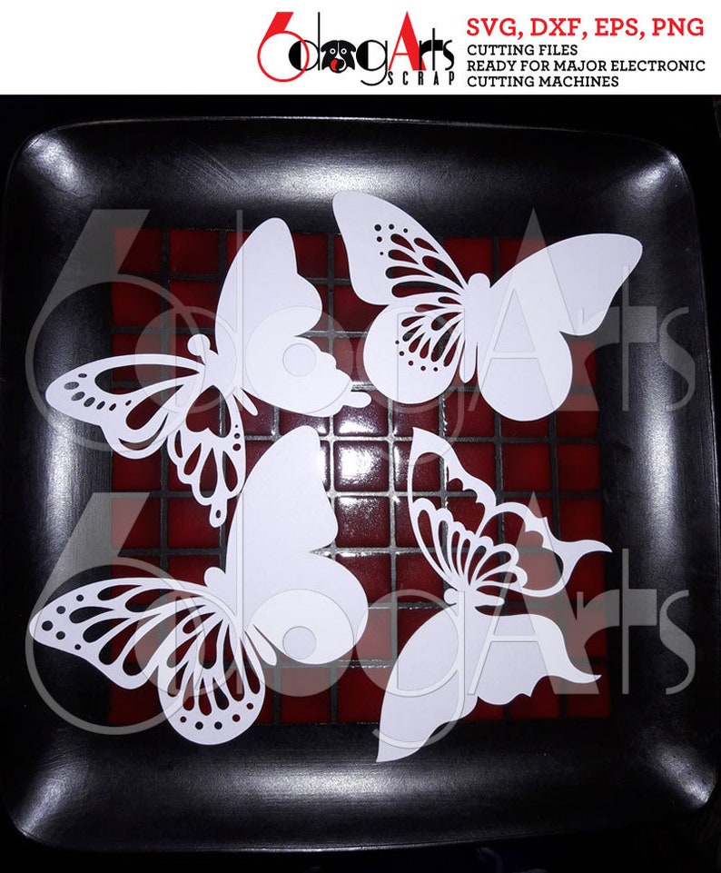 May include: Four white paper butterfly cutouts on a black plate with a red and white checkered pattern. The butterflies have intricate designs and are ready to be used for crafting projects.