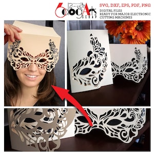 Modelos de cartão de bolso de manga dupla para baile de máscaras, arquivos vetoriais SVG DXF digitais, convite de casamento, corte a laser, download JB-1718