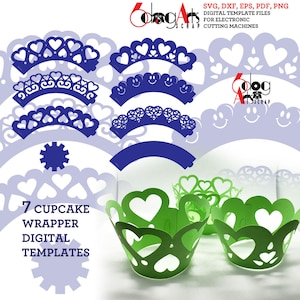 7 Valentinstag Herz Cupcake Wrapper Vorlagen SVG DXF Vektor Digitale Dateien Laser Party Zubehör Silhouette Cricut Papierschnitt JB-1397