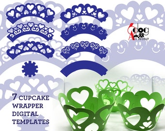 7 Valentine's Heart Cupcake Wrapper Templates SVG DXF Vector Digital Files Laser Party Supplies Silhouette Cricut Paper Cutting JB-1397