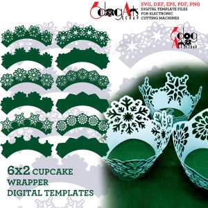 May include: A set of 6x2 snowflake cupcake wrappers. The wrappers are made of white paper with a snowflake design. The wrappers are shown on a green background.