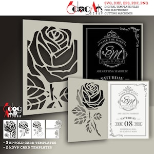 3 Rose Bi-fold Card, 2 RSVP Grazie, Modelli di invito File vettoriali SVG digitali DXF Taglio laser Cricut Download immediato JB-1967
