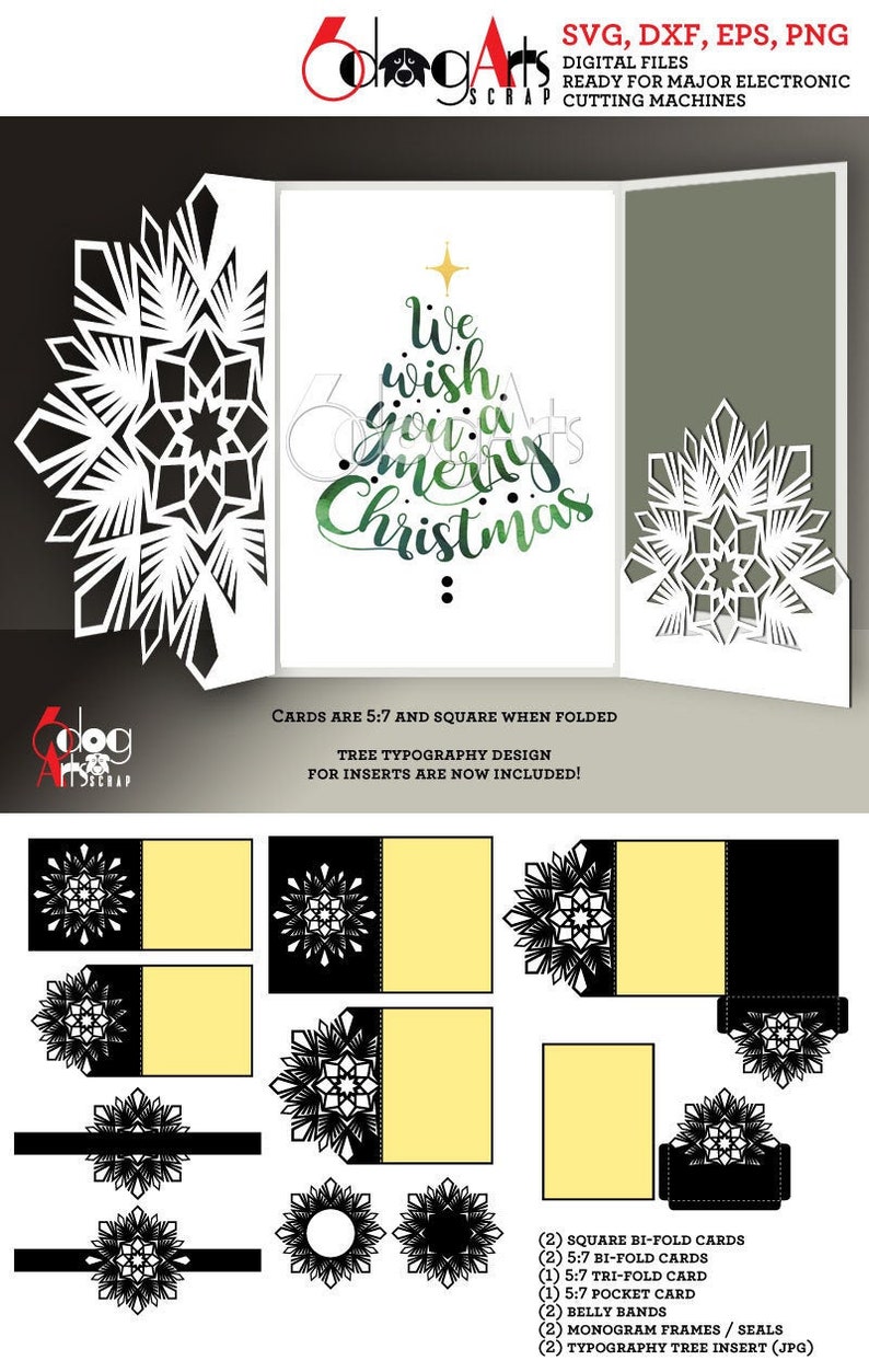 10 Snowflake Christmas Card Templates Digital Cut SVG DXF Wedding Invitation Stationery Laser Cuttable Download Silhouette Cricut JB-927 