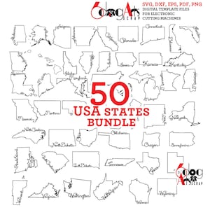 All 50 USA States Outline Typography Bundle - SVG dxf Digital Files GlowForge Silhouette Cricut Cutting Instant Download JB-2054