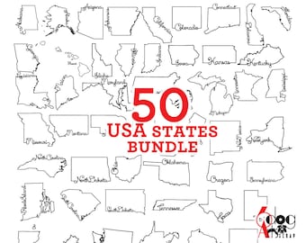 Puede incluir: Un contorno en blanco y negro de los 50 estados de los Estados Unidos de América. Los contornos tienen la forma de cada estado y están etiquetados con el nombre del estado. El texto "50 USA STATES BUNDLE" está en rojo.